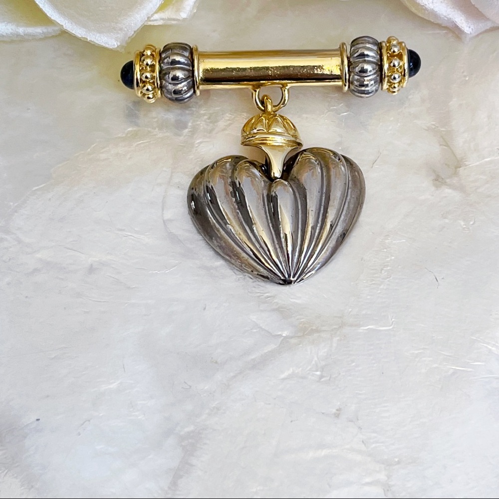 Two Tone Metal Blue Faux Cabochon Heart Brooch